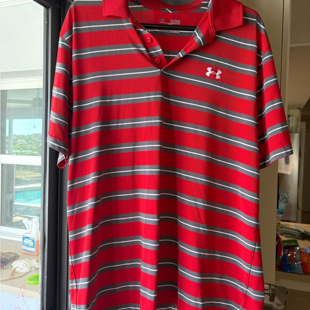 Under Armour Men's Polo Shirt in Red and Gray Stripes